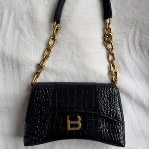Balenciaga Black Croc-Embossed Shoulder Bag with Gold Chain
